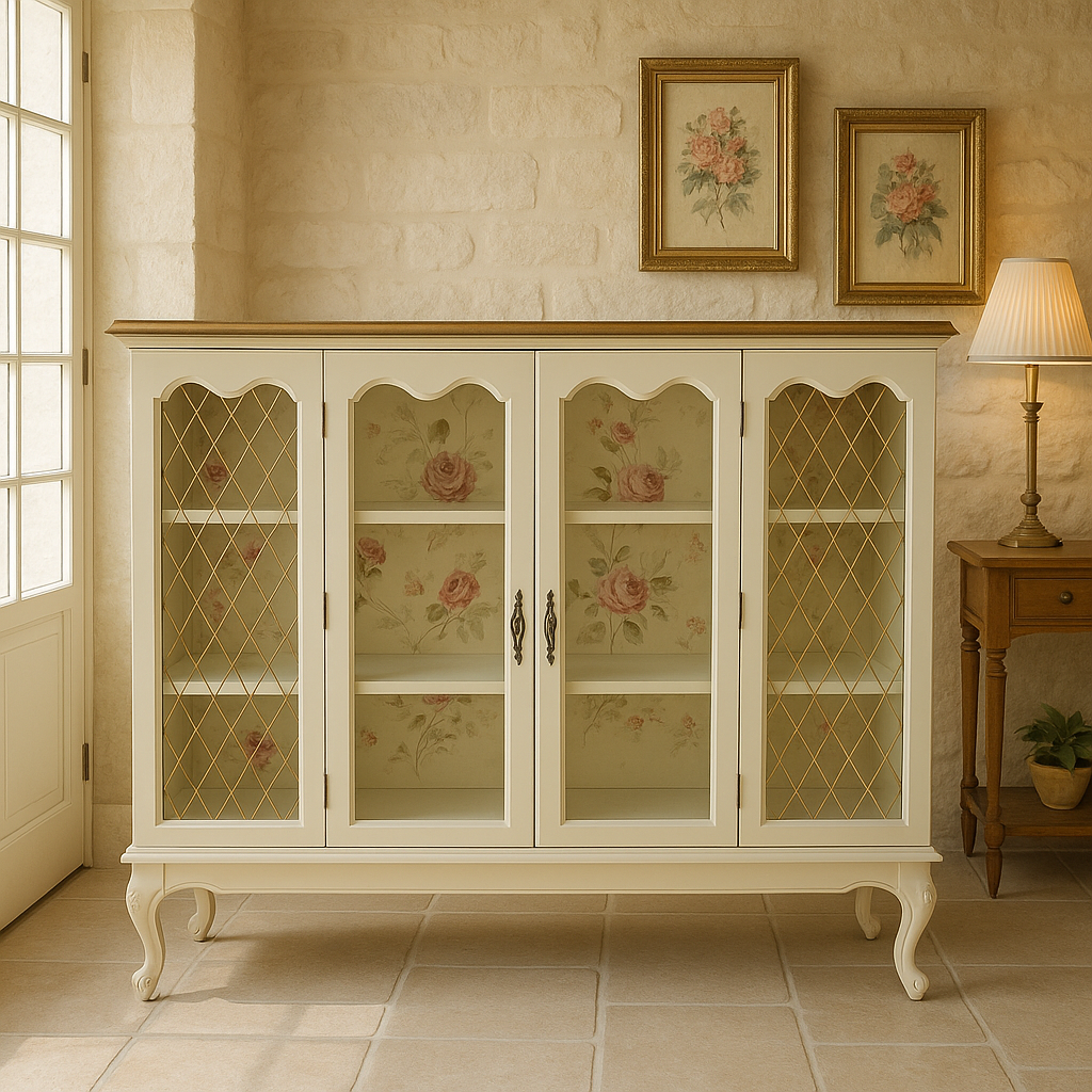 Upcycled Glass Display Cabinet – Soft White with Gold Grille