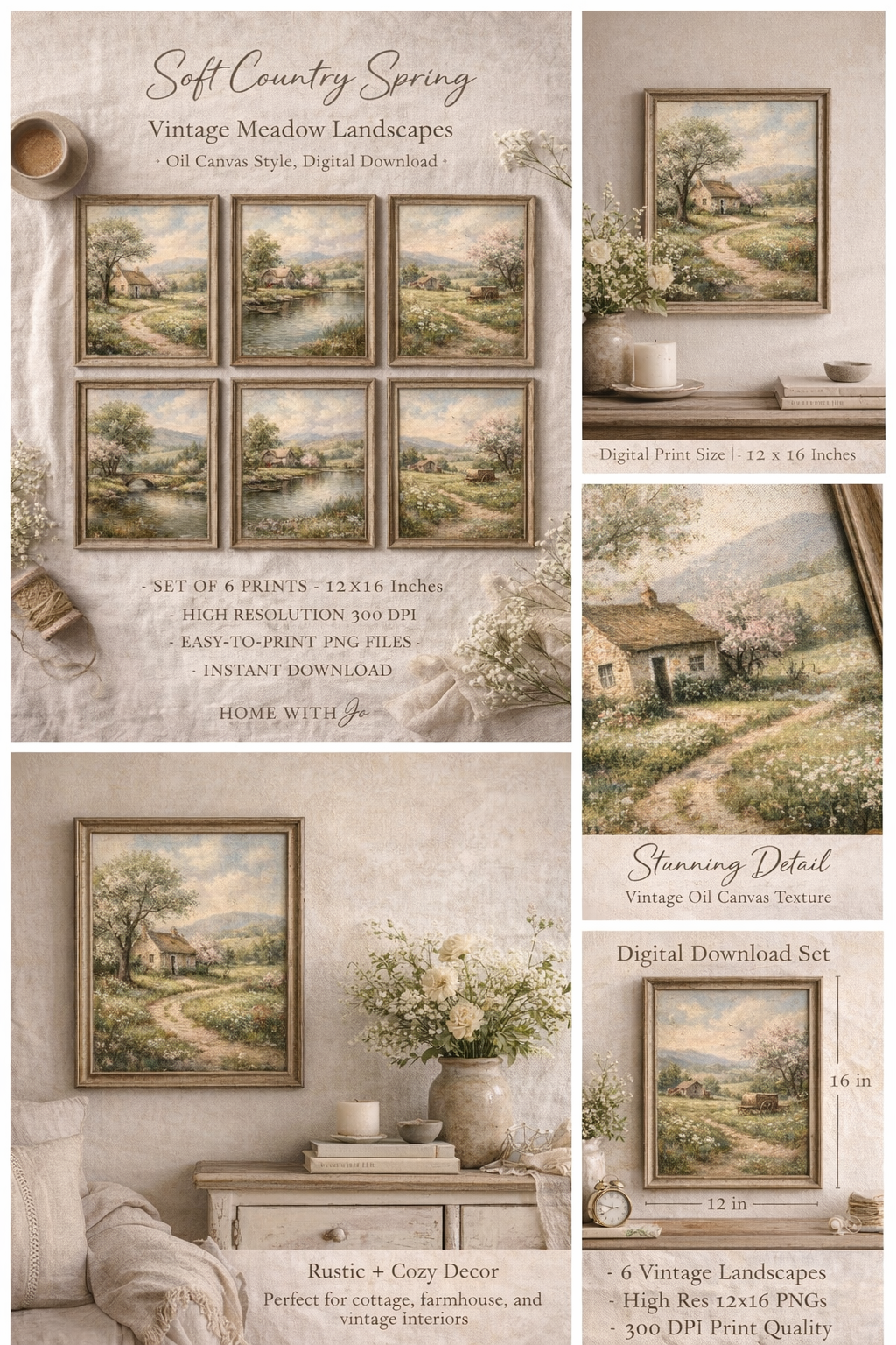 Soft Country Spring – Vintage Meadow Landscapes (Oil Canvas Style, Digital Download)